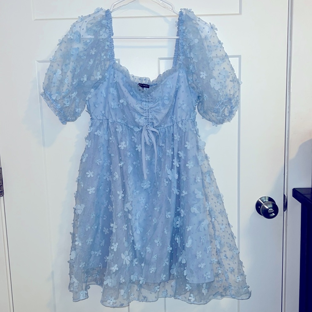 Baby Blue Floral Babydoll Dress with Puffy Sleeves. Worn once. Great Condition.